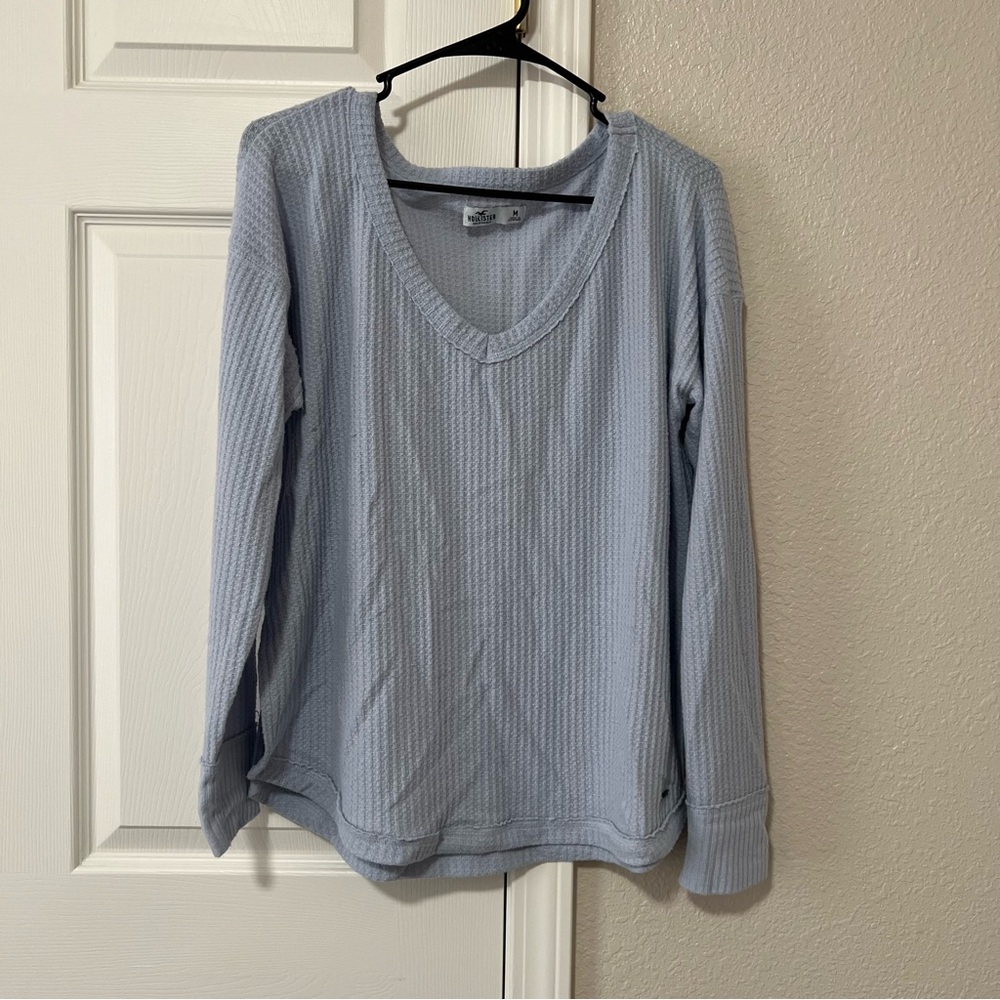 Hollister Blue Waffle Knit V Neck Long Sleeve Top Women’s Medium Y2K